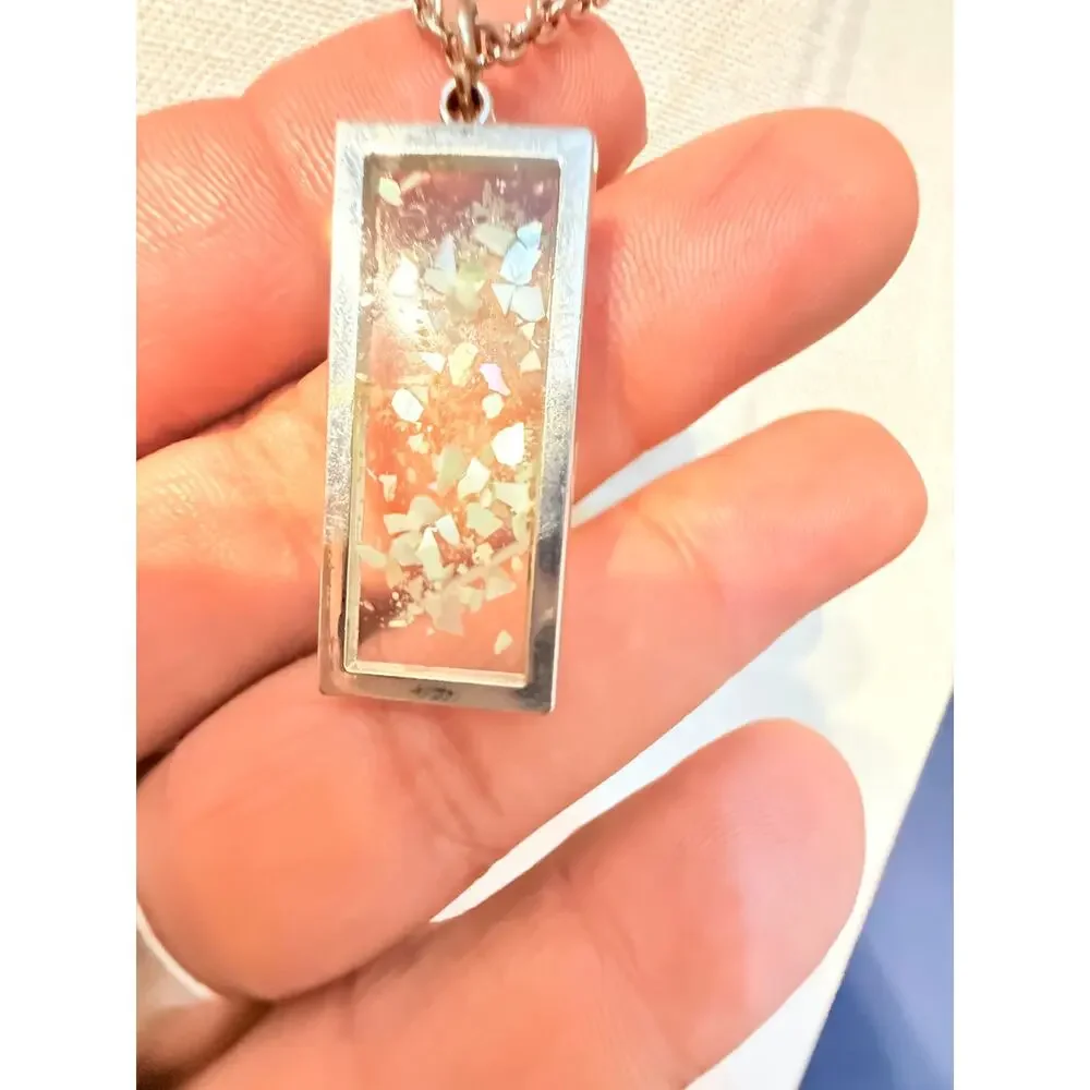 Vintage Rectangle Pendant Necklace 18” Silver Tone